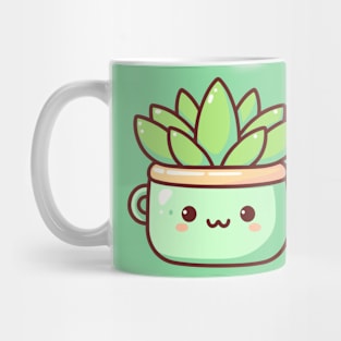 Cute Pot with Green Succulent | Kawaii Cactus Plant | Cute Houseplant in Kawaii Style Mug